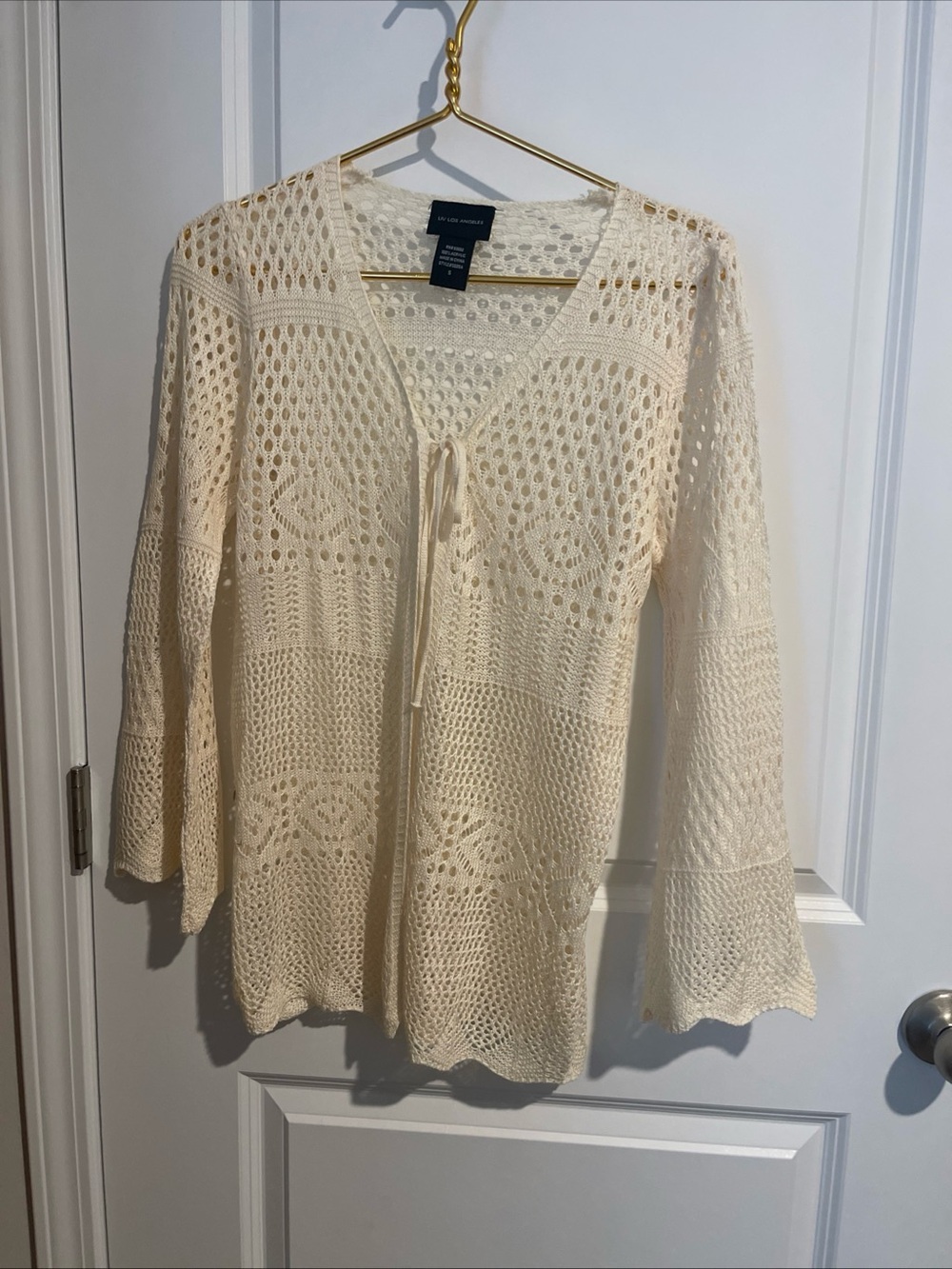 Liv Los Angeles S Cream Crochet Tie-Front Openwork Cardigan 19P-P 27 L
